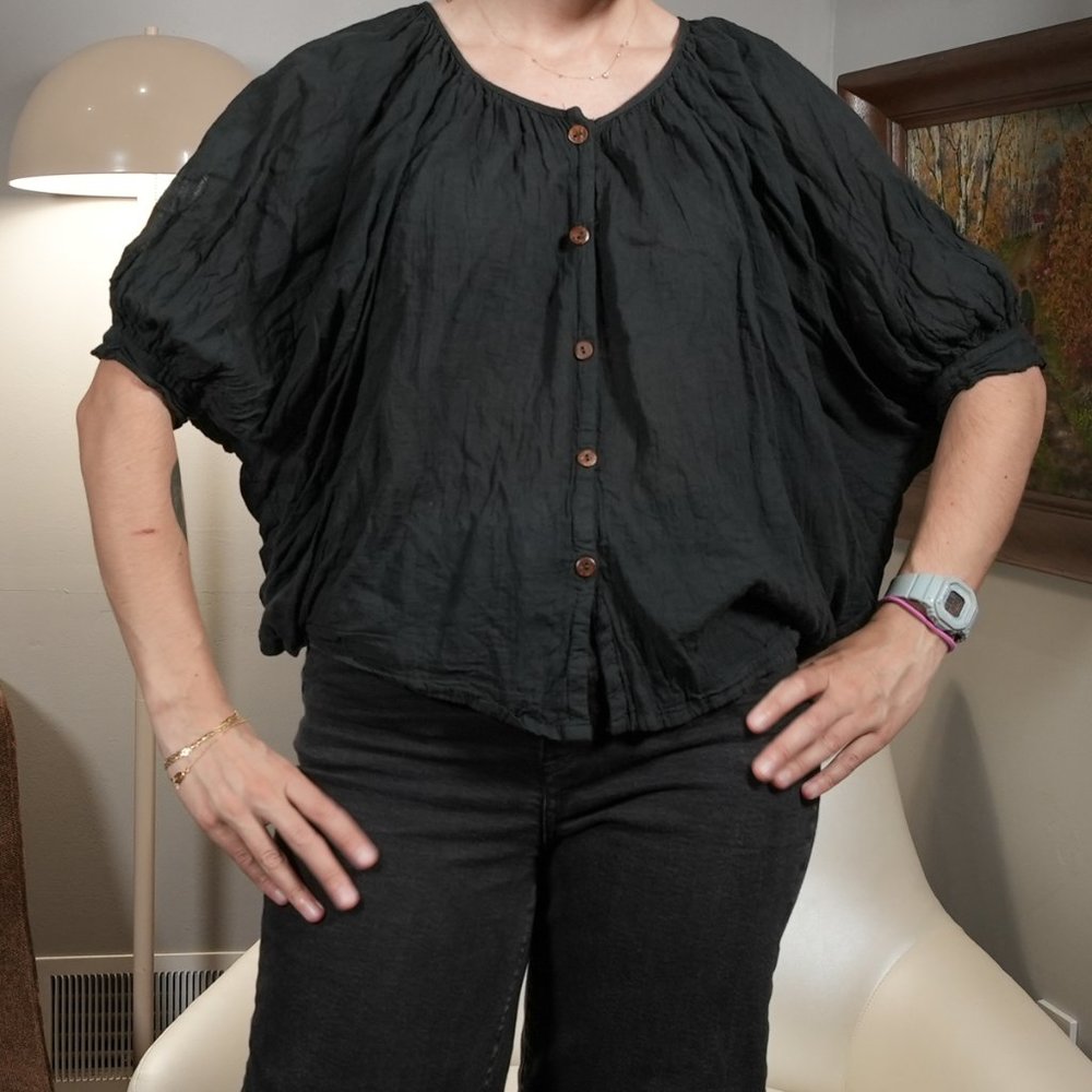 Black peasant blouse by independent Mexican designer, one size